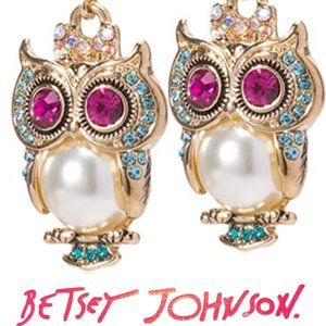 Betsey Johnson Pearl Critters Owl Drop Earrings with Crystals